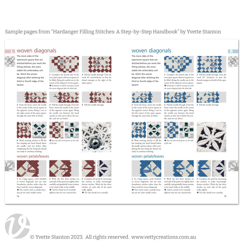 Sample pages from Hardanger Filling Stitches, showing step by step instructions with diagrams for each step and photographs